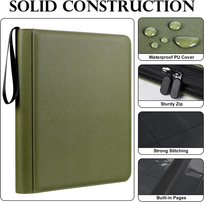 GEAoffice Side Loading 9 Pockets Top Loader Binder Holds 324 Cards, Waterproof PU Leather Trading Card Binder for Toploader, Card Collection Album Folder for MTG, TCG, Sports Cards, Green - Image 3
